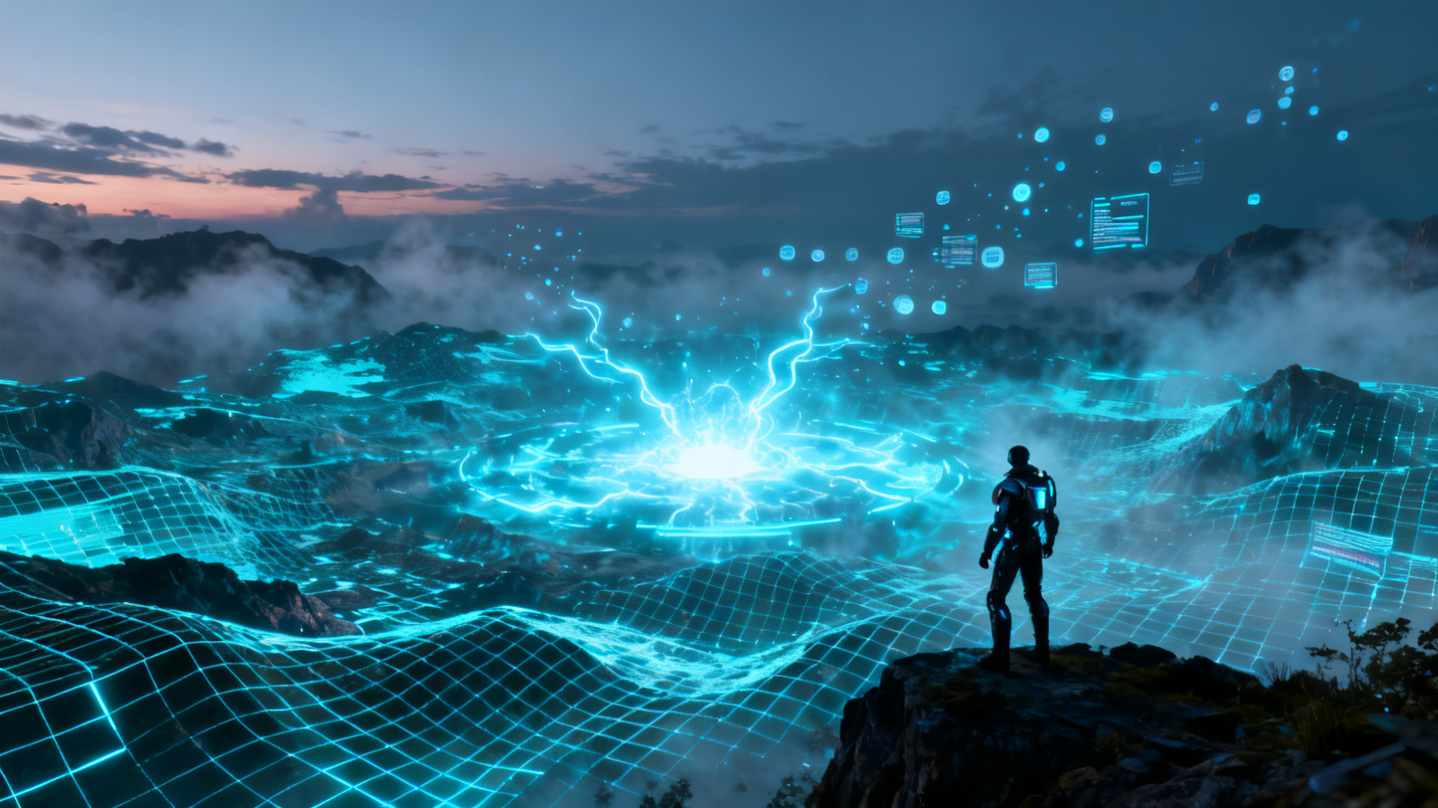 AI game development — futuristic neon game world