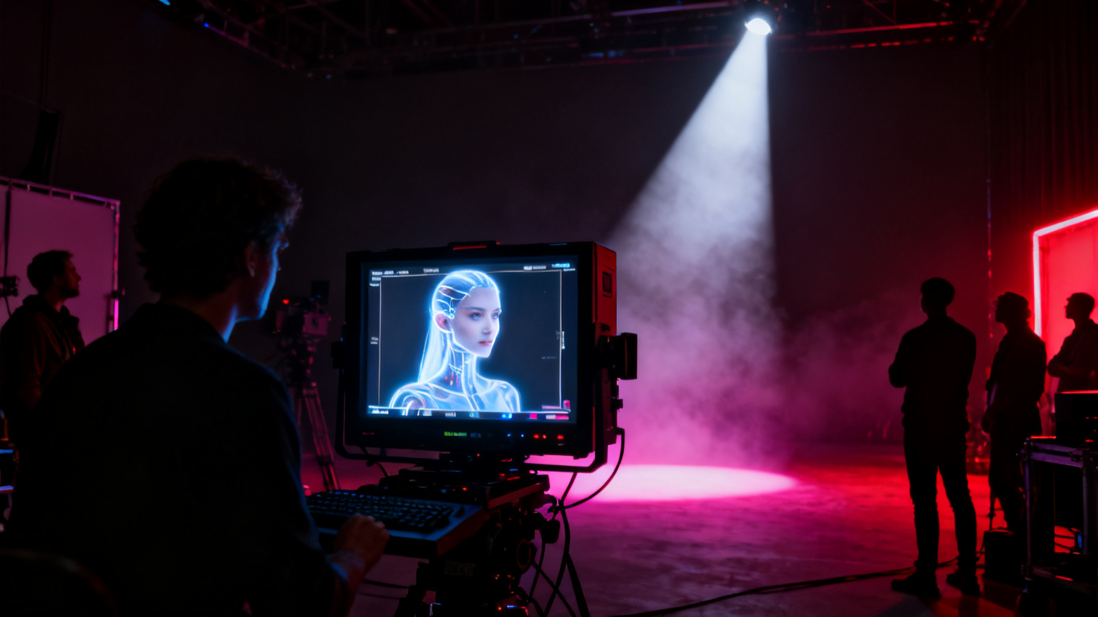AI short drama production — cinematic studio with a glowing director monitor