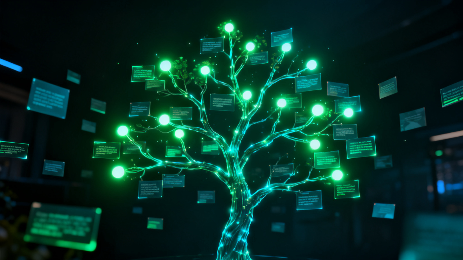 Interactive storytelling — glowing branching narrative tree